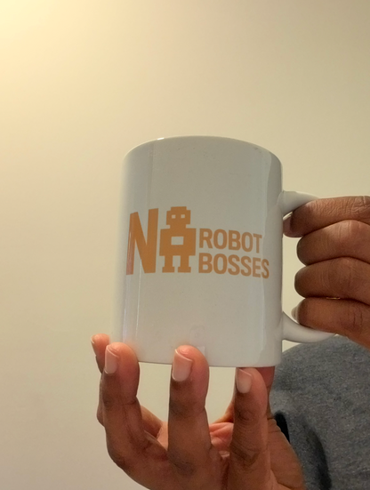 No Robot Bosses Yellow Logo - White glossy mug