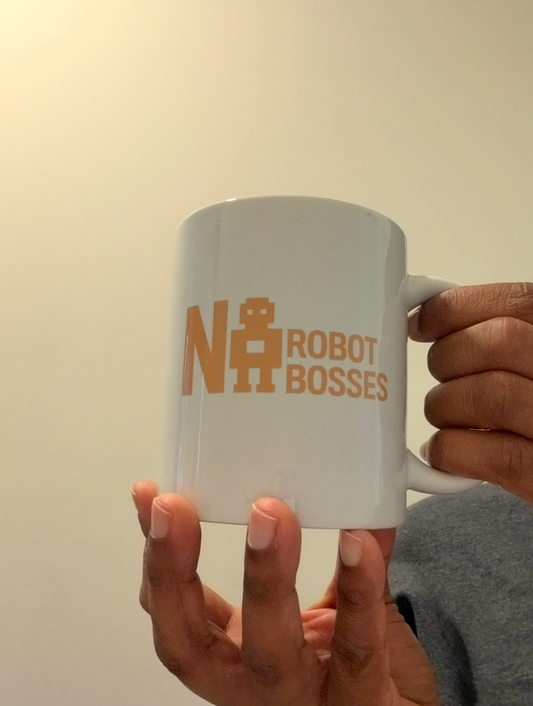 No Robot Bosses Yellow Logo - White glossy mug